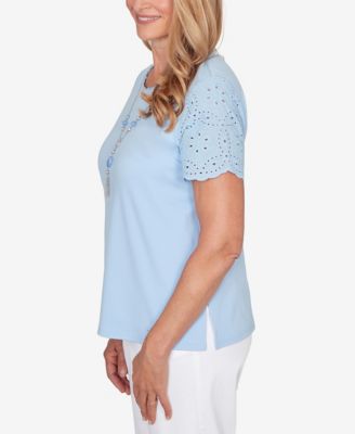 Petite Classic Solid Eyelet Sleeve Top with Necklace