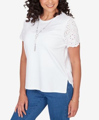Petite Classic Solid Eyelet Sleeve Top with Necklace