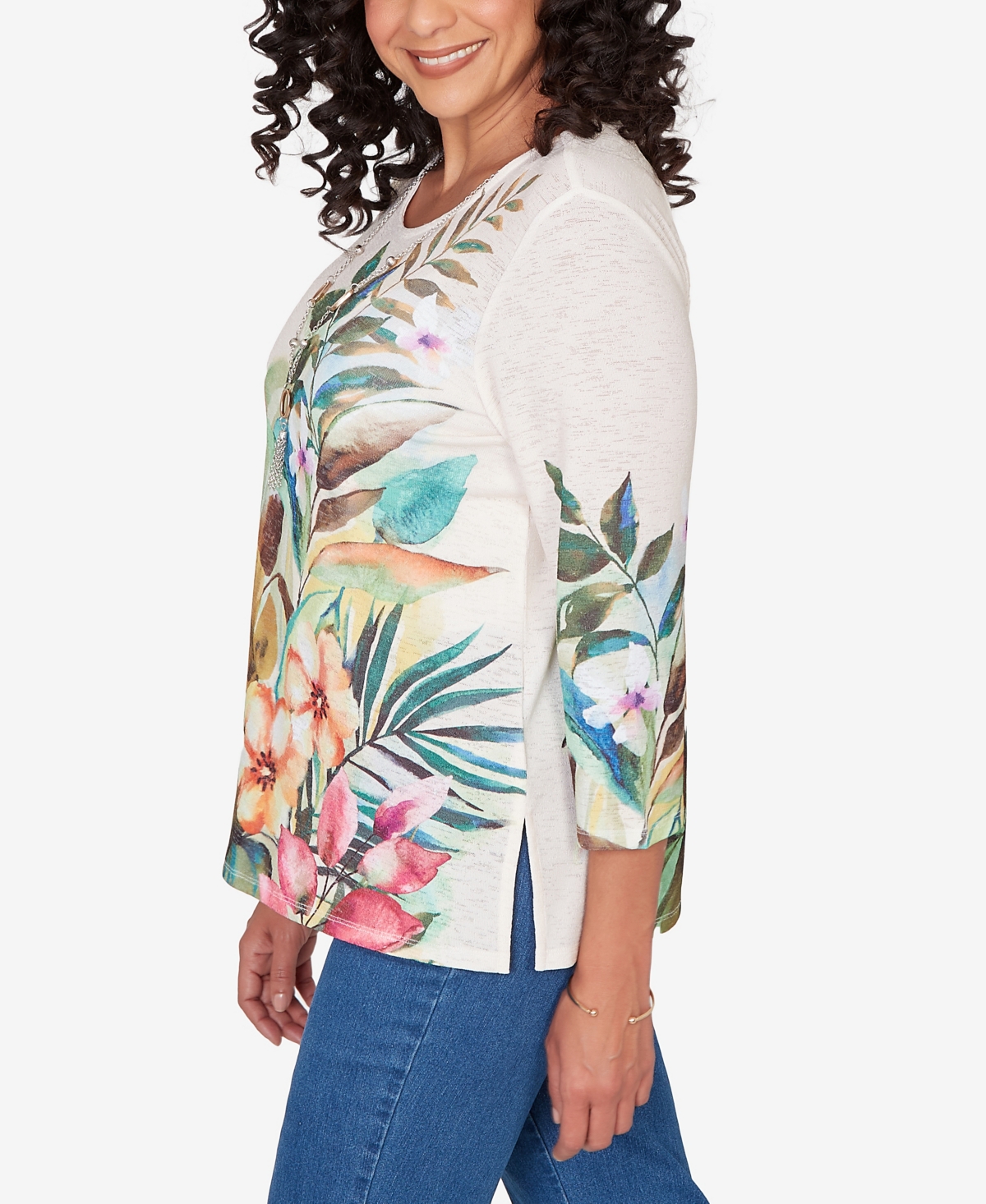 Alfred Dunner Petite Classic Tropical Print Top with Necklace