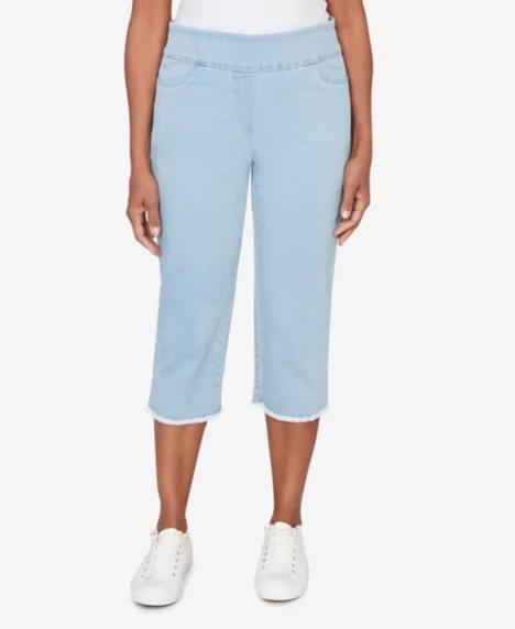 Petite Classic Super Stretch Denim Fringe Capri Pants - Light Denim