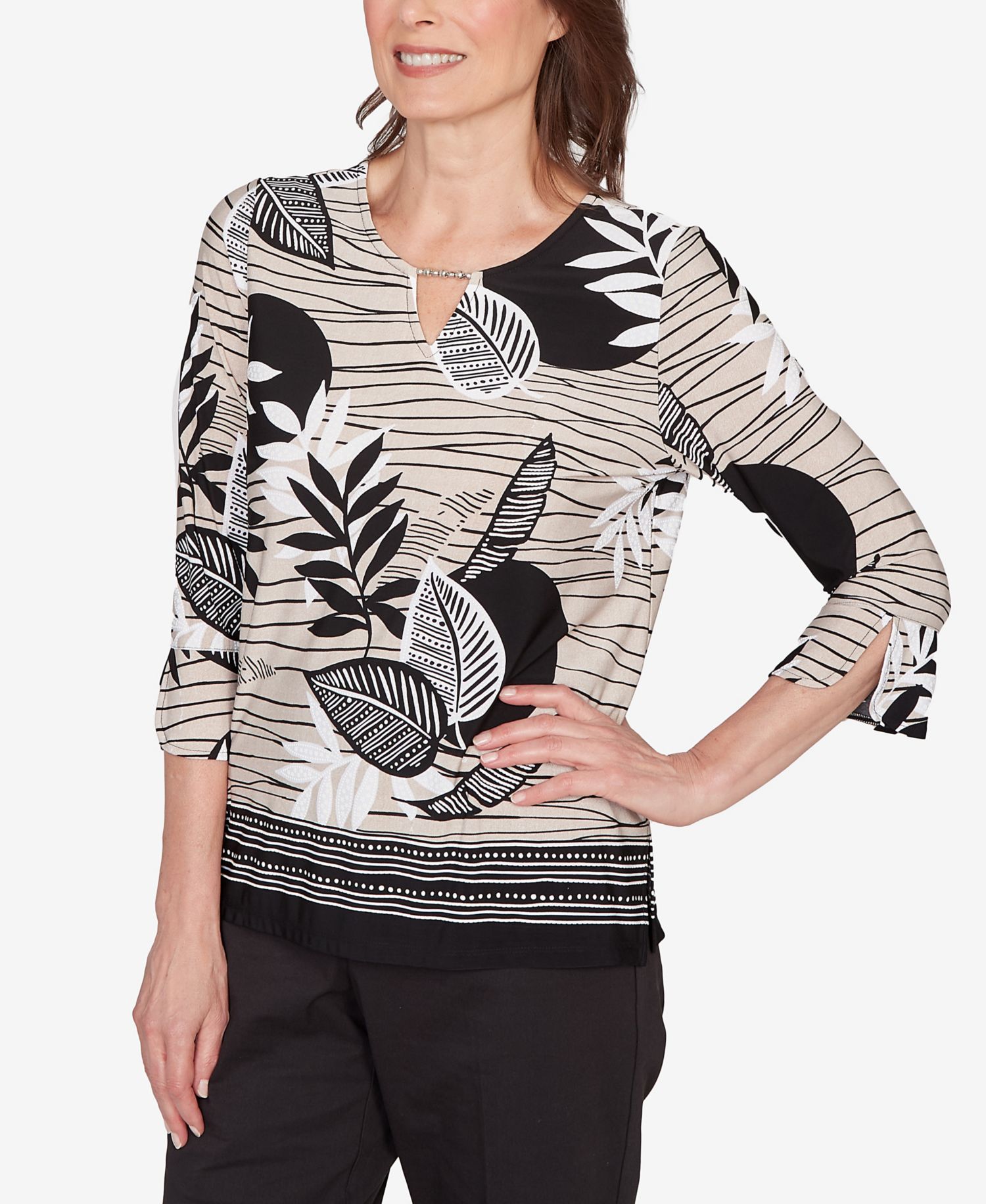 Petite Classic Tropical Leaf Border Print Split Neck Top