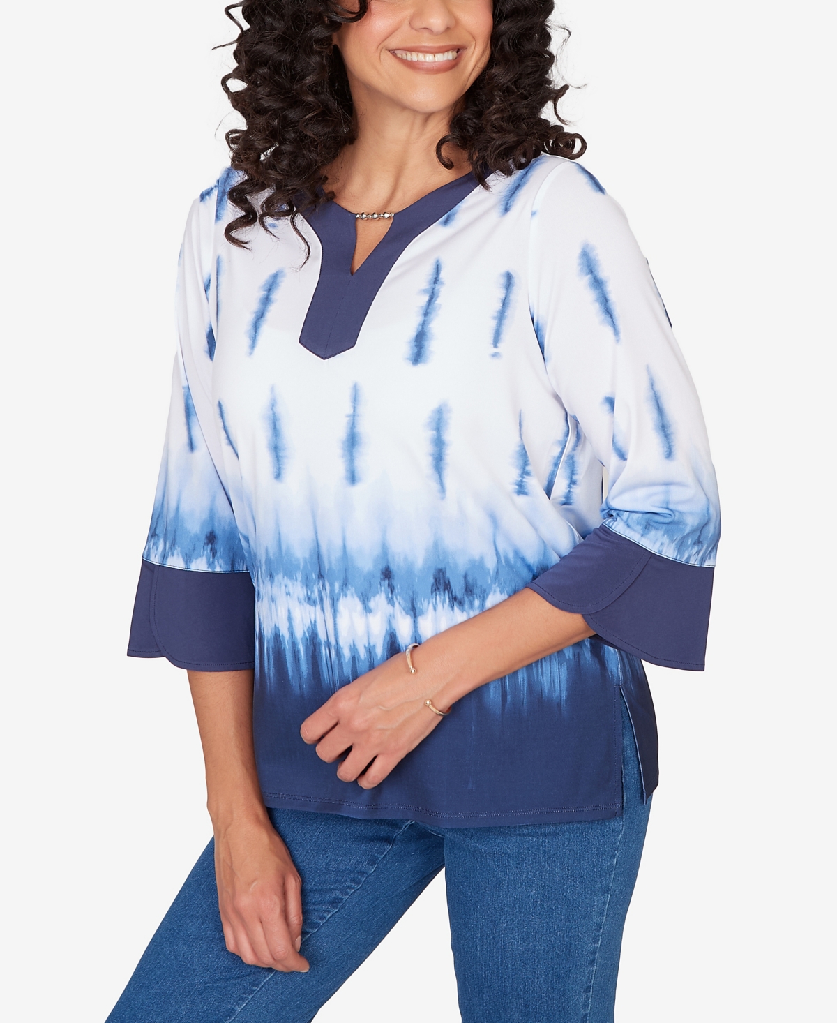 Alfred Dunner Petite Classic Tie Dye Border Split Neck Top