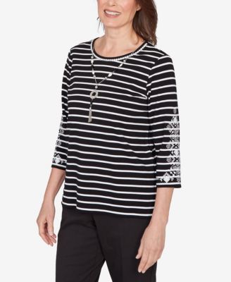 Petite Classic Pinstripe Embroidered Sleeve Top with Necklace