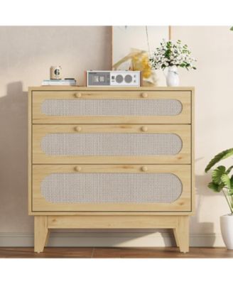 Rattan 3-Drawer Bedroom Dresser, Stylish Oak Storage Chest for Closet Bedroom Living Room Entryway Hallway