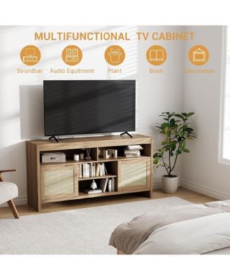 58" Boho TV Stand for 65" TVs, Rattan Entertainment Center with Adjustable Shelves, Oak