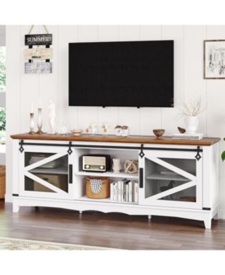 Modern TV Stand for Living Room 65" Entertainment Center with Storage Sliding Barn Doors and Adjustable Shelf White