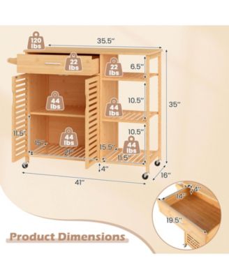 35.5" Kitchen Island Cartwith Lockable Wheels Drawer Open Shelves Towel Bar
