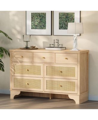 7-Drawer Modern Dresser for Bedroom, Wood Chest with Natural Rattan Fronts, Sturdy Base, Organizer for Living Room, Entryway, Hallway