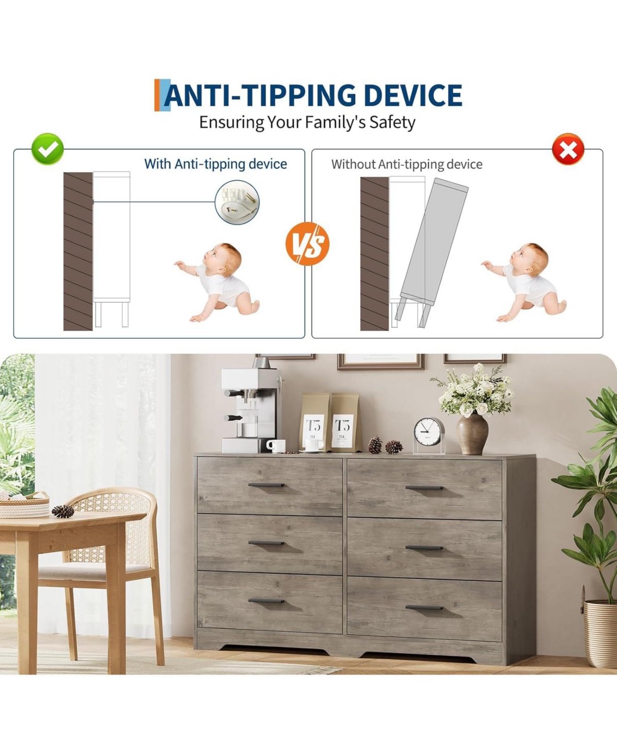 gaomon 6-Drawer Double Dresser 47" Wide, Modern Dresser Tv Stand, Storage Cabinet for Bedroom, Living Room, Hallway