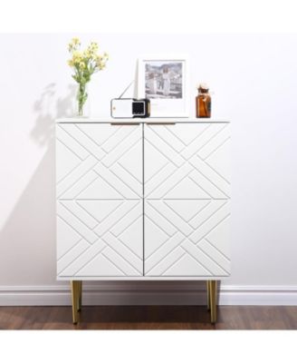White Storage Cabinet with 2 Doors, Diamond Pattern, Gold Handles, Adjustable Shelves, Modern Living Room Organizer