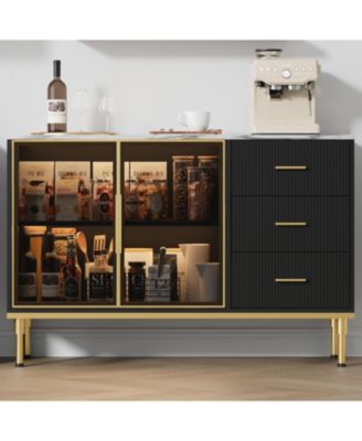 Fluted Sideboard Buffet Cabinet with Glass Doors, 3 Drawers, Marble Top, Kitchen & Dining Room, Black