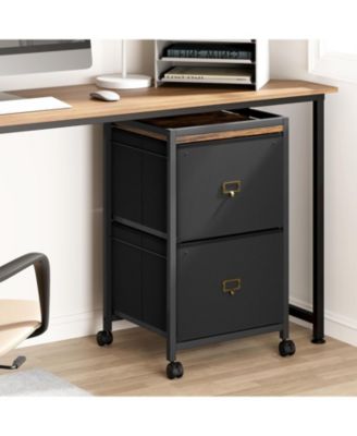 Large Double Drawer Compact Mobile Filing Cabinet, Stylish Fabric Storage Solution, Legs & Wheels, Bedroom, Black