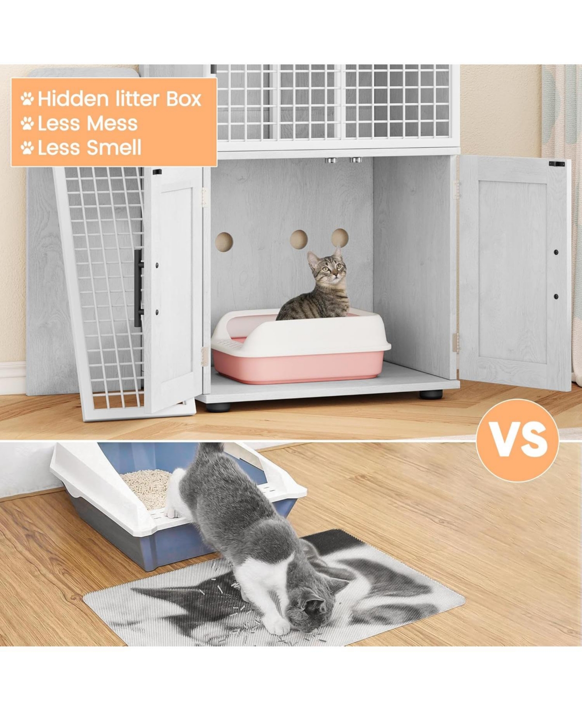 gaomon Modern Cat Litter Box Enclosure, Dual Layer Hidden Washroom, Sturdy Ladder, Indoor Cat Cabinet, White