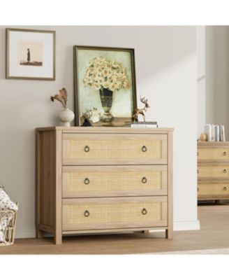 3-Drawer Natural Rattan Dresser, Freestanding Storage Cabinet, Anti-Tip, Extra Deep Drawers, Bedroom, Nursery, Living Room