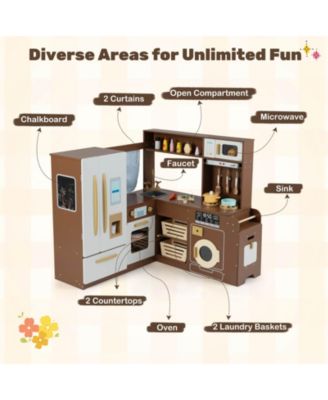 Corner Play Kitchen with Lights & Sounds Wooden Toy Kitchen Set Storage.