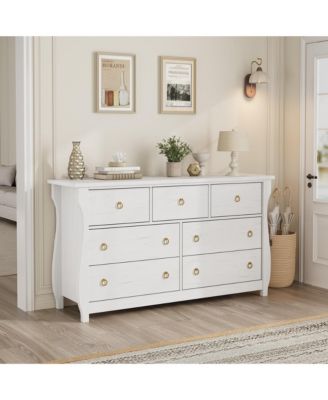 7-Drawer Modern Wood Dresser with Golden Ring Pull Handles, Wide Storage Chest Organizer for Living Room, Entryway
