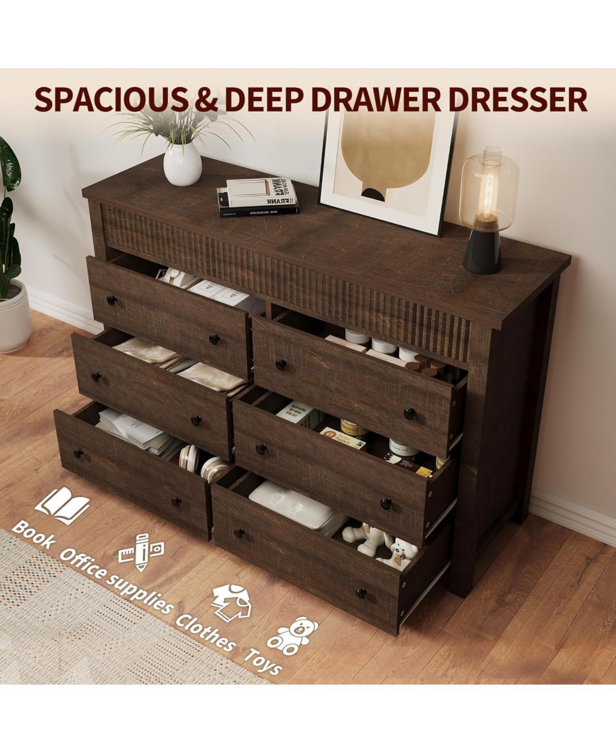 gaomon 6-Drawer Farmhouse Dresser Bedroom Wooden Chest of Drawers, Fluted Tv Stand Storage Cabinet for Living Room, Hallway, Office