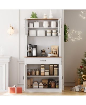 Kitchen Cabinet with Glass Doors, Large Drawer, Adjustable Shelves, Cable Hole, Anti-Tilt Storage, White