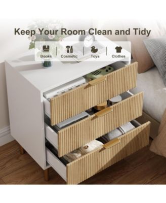 3-Drawer Modern Dresser, 30" Tall, Fluted Chest with Gold Handles, Anti-Tip Device, Bedroom, Living Room, Kids Room