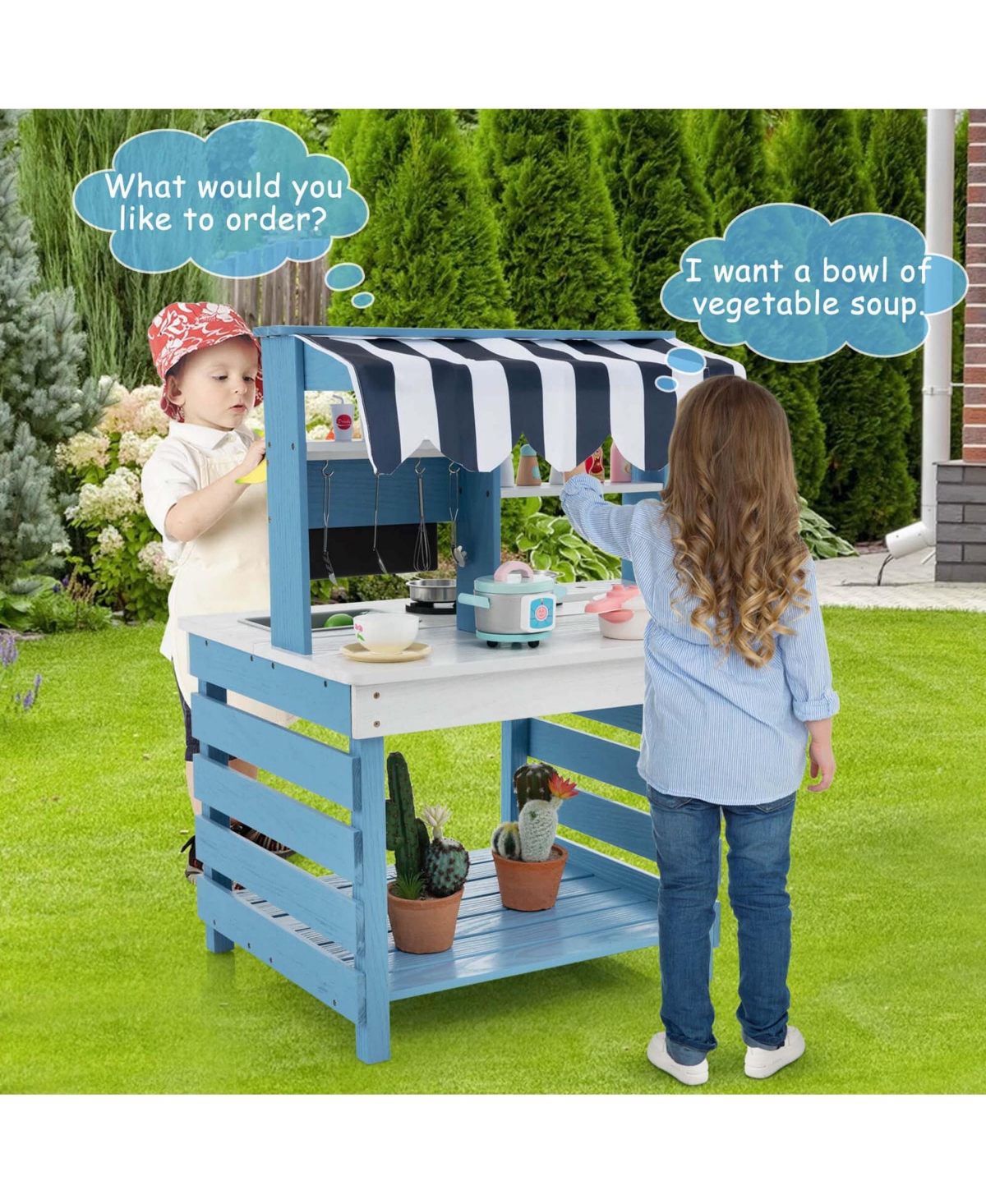 Costway 2-In-1 Wooden Mud Kitchen with Canopy Removable Sink Water Box Faucet Sound Effect
