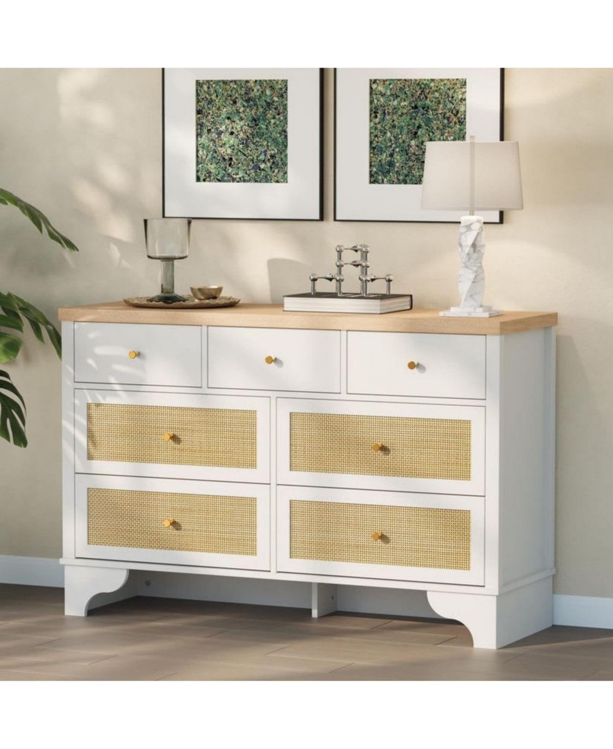 gaomon 7-Drawer Modern Dresser for Bedroom, Wood Chest with Natural Rattan Fronts, Sturdy Base, Organizer for Living Room, Entryway