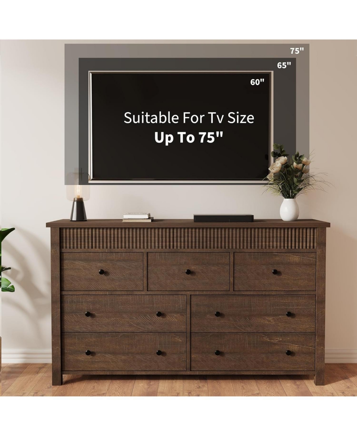 gaomon 7-Drawer Farmhouse Dresser Bedroom Wooden Chest, Fluted Tv Stand Storage Organizer for Living, Home Office - Brown