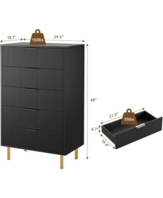 5-Drawer Modern Black Dresser, Gold Handle, Large Wood Double Chest, Storage Organizer for Bedroom, Living Room, Entryway