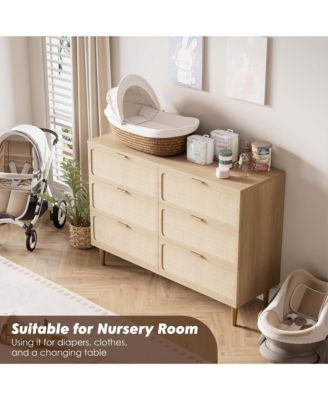 Rattan 6 Drawer Dresser for Bedroom, Large Double Dresser with Deep Drawers, Modern Chest Organizer