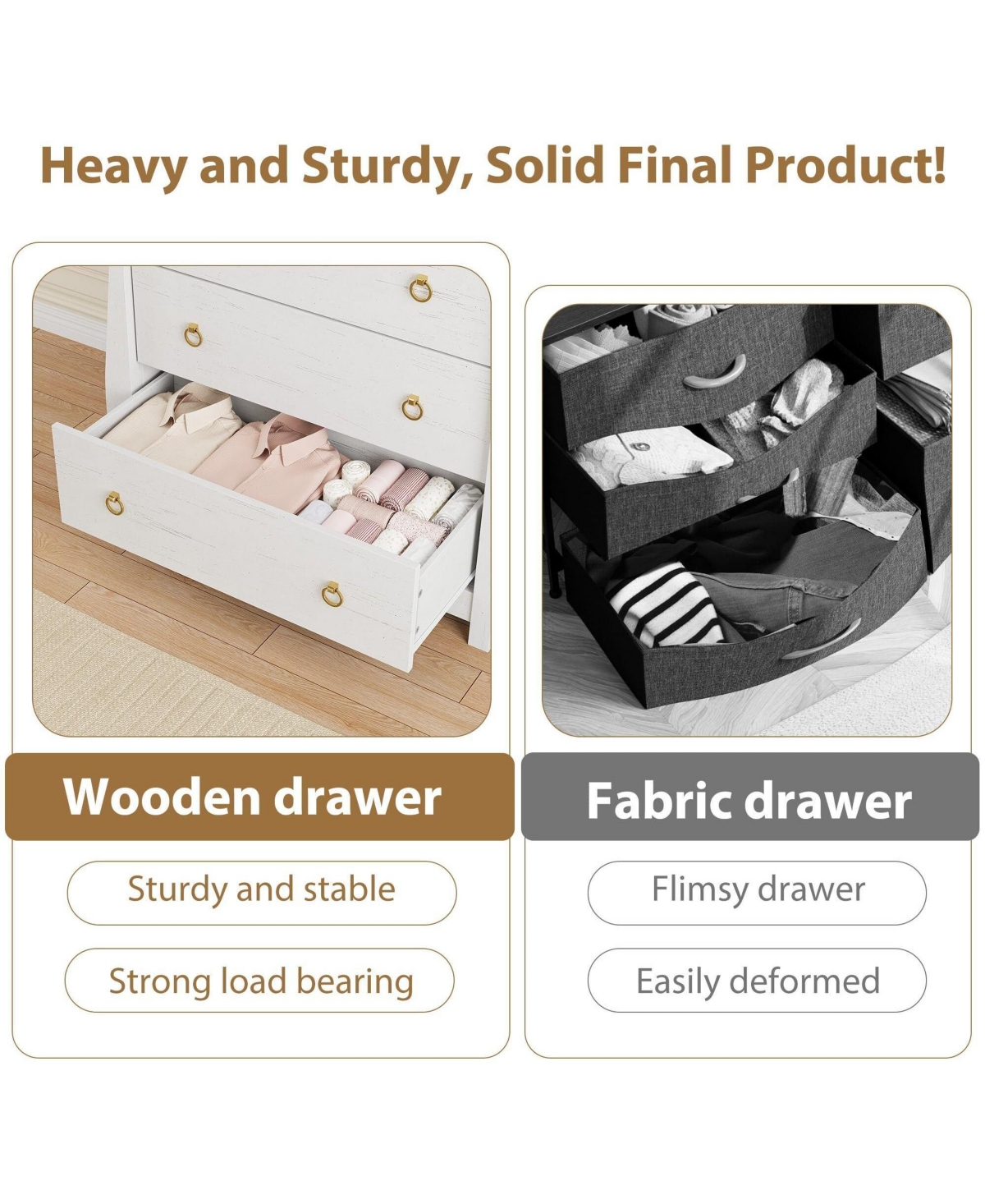 gaomon 3-Drawer Modern Wood Dresser Bedroom Chest with Golden Metal Ring Pull Handles, Storage Cabinet for Living Room, Entryway, Antique White