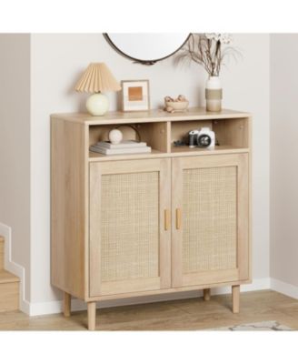 Rattan Sideboard Buffet Cabinet with 2 Doors & Shelf, Modern Kitchen Storage Cabinet, Dining, Entry Hallway, 36" H, Natural