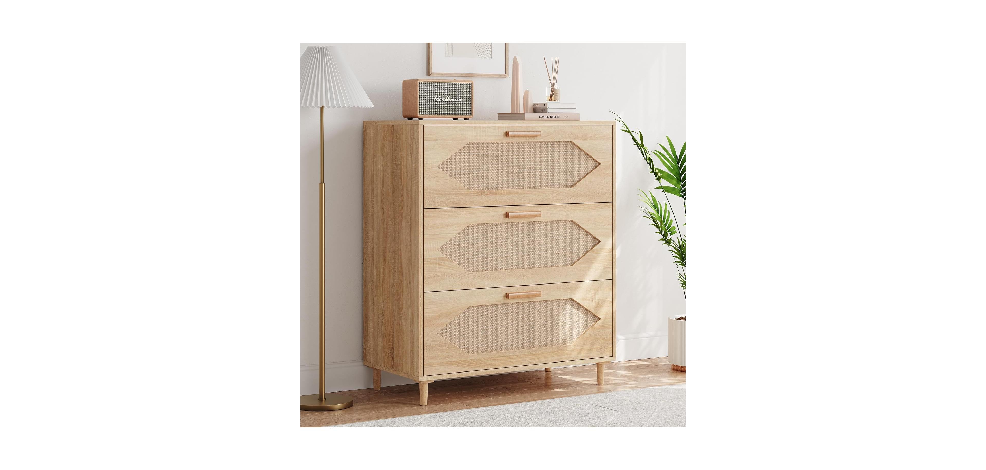 gaomon 3-Drawer Rattan Dresser with Waterproof Wood Top, Anti-Tip Safety, Storage Organizer for Bedroom, Living Room