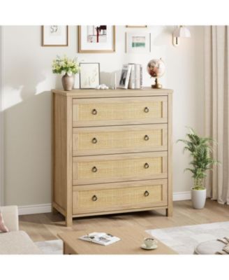 4-Drawer Boho Rattan Dresser, 37" Tall, Chest for Closet, Nightstand for Bedroom, Home Office Organizer