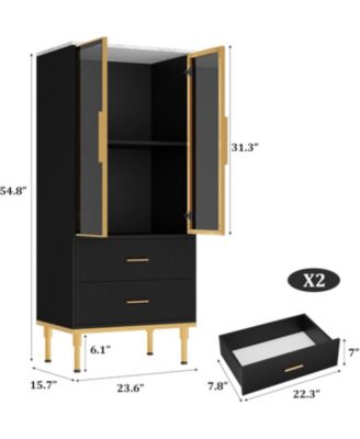 Fluted Storage Cabinet with Glass Door, 2 Drawers, Modern Pantry with Adjustable Shelves for Collectibles, Living Room, Office, Black