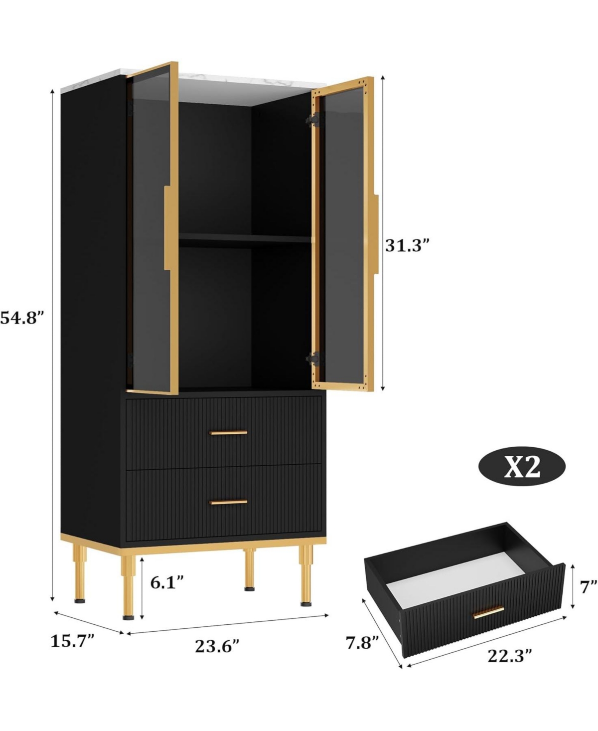 gaomon Fluted Storage Cabinet with Glass Door, 2 Drawers, Modern Pantry with Adjustable Shelves for Collectibles, Living Room, Office, Black