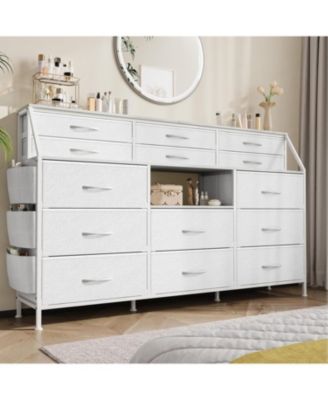 14 Foldable Fabric Drawer Dresser with Wood Top, TV Stand, Open Shelves, Metal Frame, Bedroom, Living Room, White