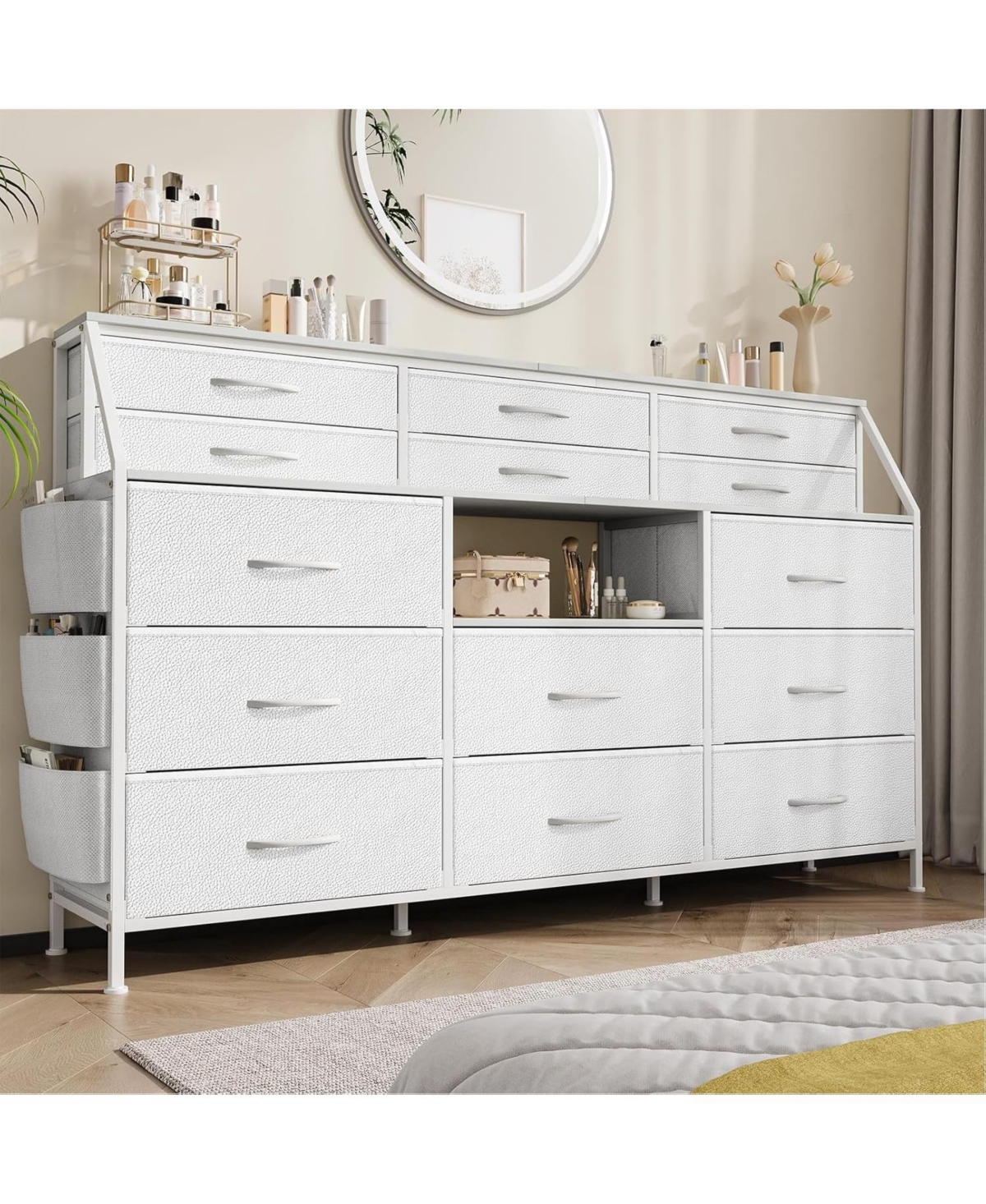 gaomon 14 Foldable Fabric Drawer Dresser with Wood Top, Tv Stand, Open Shelves, Metal Frame, Bedroom, Living Room, White