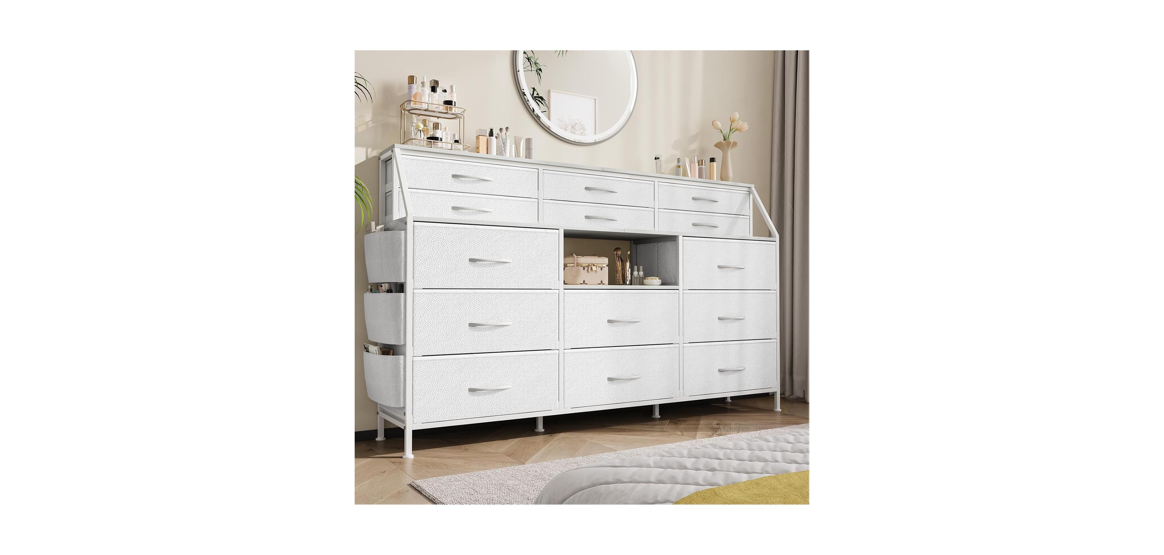 gaomon 14 Foldable Fabric Drawer Dresser with Wood Top, Tv Stand, Open Shelves, Metal Frame, Bedroom, Living Room, White