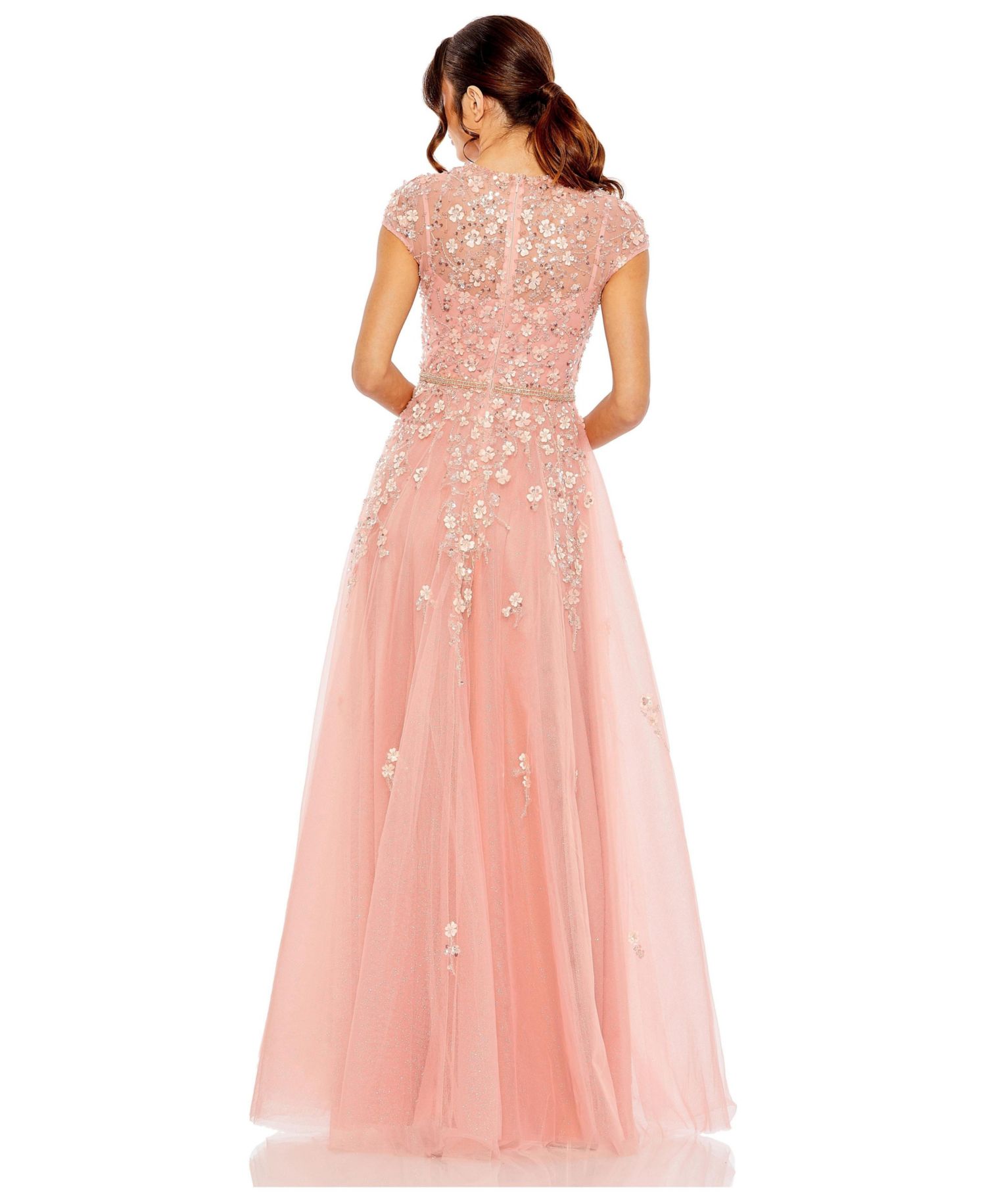Women's High Neck Cap Sleeve Embellished A Line Gown