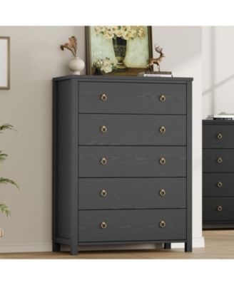 5-Drawer Black Tall Dresser, 45" Wooden Chest, Clothes Storage Cabinet, Drawer Organizer for Bedroom, Living Room