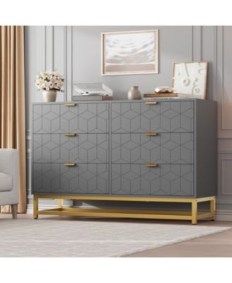 47.2 Inch Grey 6-Drawer Modern Dresser, Wide Chest, Gold Metal Legs & Handles, Storage for Bedroom, Living Room, Hallway