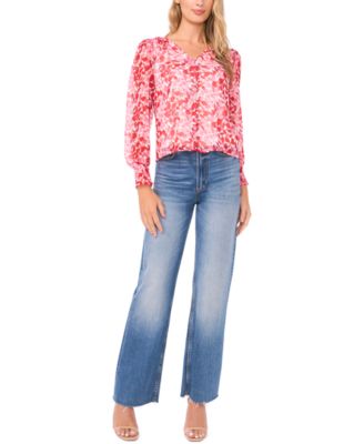 Women's V-Neck Button-Front Smocked-Shoulder Top