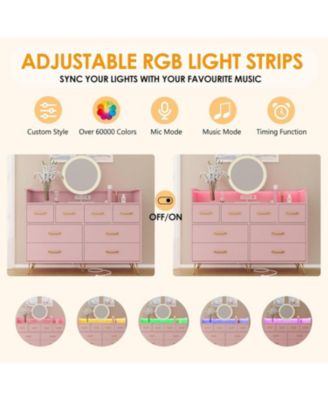 8-Drawer Modern LED Light & Charging Station, Wooden Chest, Open Shelf Dresser