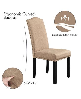 Set of 2  Fabric Upholstered Classic Dining Chair with Tall Back and Solid Wood Legs Khaki