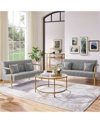 56.5″ W Upholstered Sofa Couch with Gold-tone Metal Arms and Legs