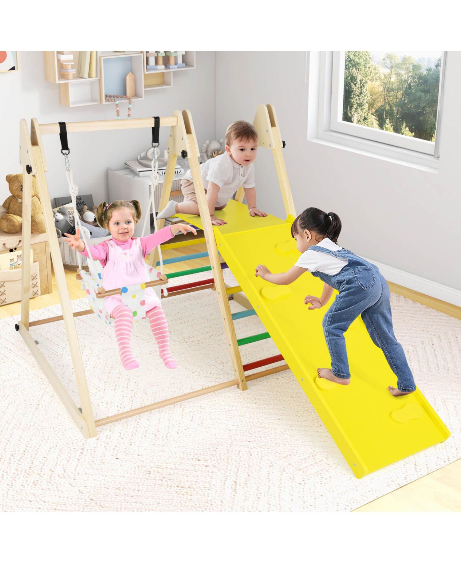 4-in-1 Indoor Jungle Gym with Baby Swing, Climber, Ladder and Resting Platform