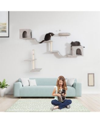 Wall-mounted Cat Tree With 2 Cat Condos House, 3 Cat Wall Shelves in Beige