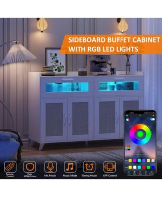 Farmhouse Rattan Storage Cabinet with Charging Station and LED Light, Heavy Duty Buffet