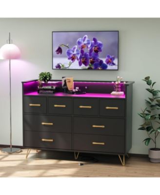 8-Drawer LED Light & Charging Station, Wooden Chest, Open Shelf Modern Dresser