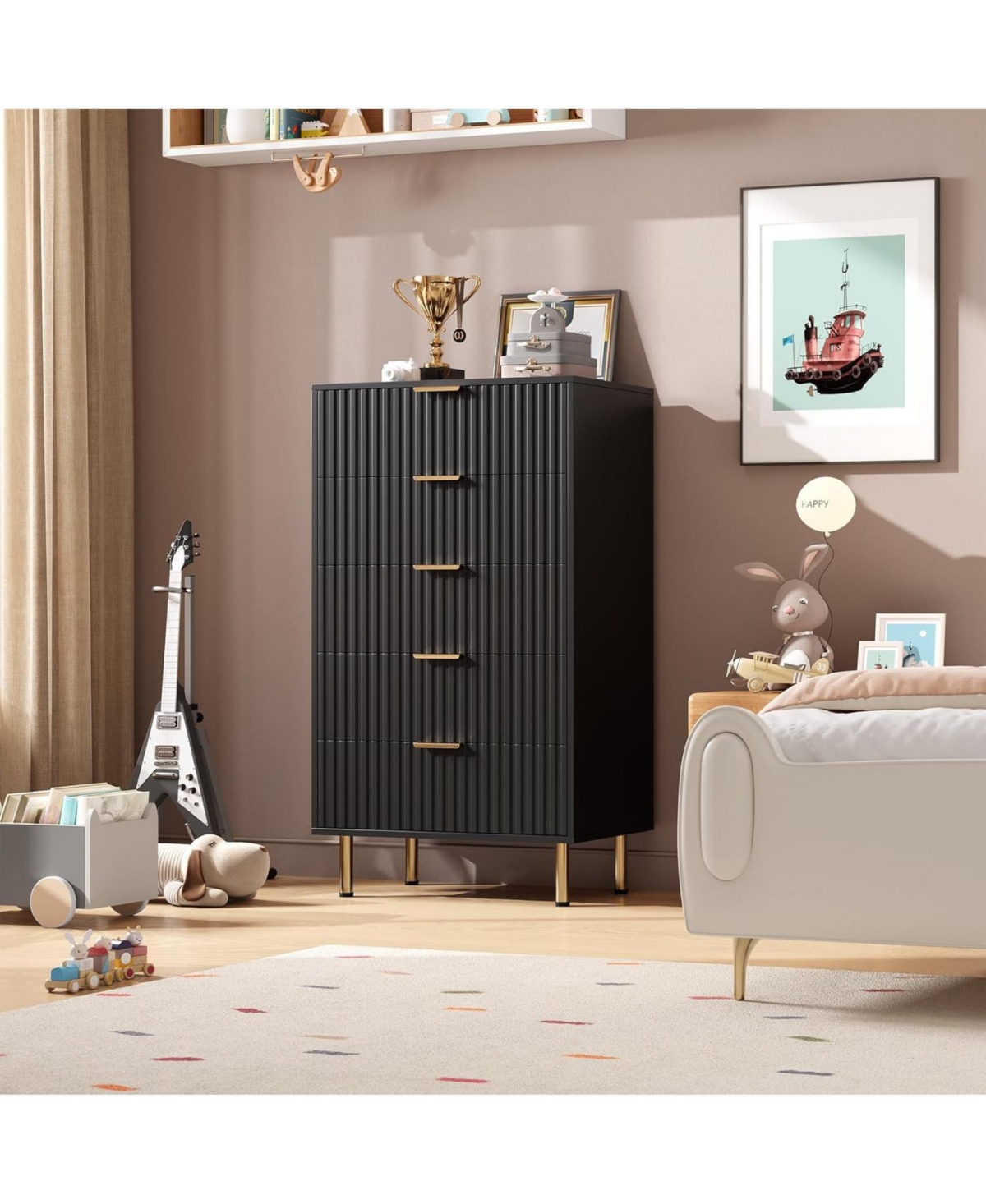gaomon 5-Drawer Modern Fluted Black Dresser, 47.2 Inch Tall Chest with Deep Drawers, Wide Top, Organizer