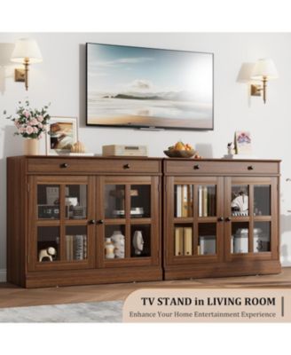 35.4 Inch Walnut Sideboard Buffet Cabinet, Glass Door, Drawer Storage, Modern Dining Room, Kitchen Cabinet